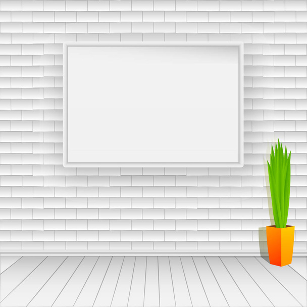 Parede de tijolo branco com piso de madeira branca. Na parede pendura uma fotografia branca vazia. No chão é um vaso com planta verde - Vetor, Imagem