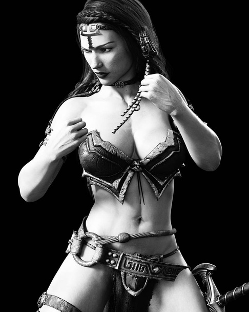 Warrior amazon woman with sword. Long dark hair.Muscular athletic body.Girl standing candid provocative aggressive pose.Conceptual fashion art.Realistic 3D rendering isolate illustration.Black white. - Foto, afbeelding