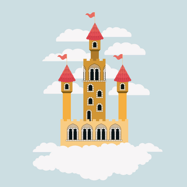 small yellow castle of fairy tales in sky surrounded by clouds in colorful silhouette - Vector, Image