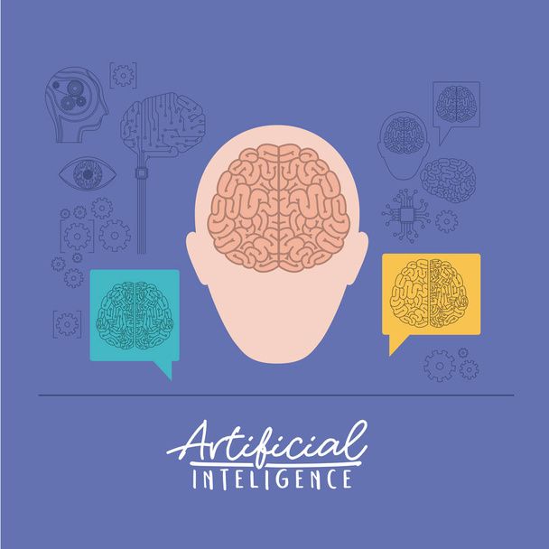 poster van de kunstmatige intelligentie met menselijke hoofd silhouet met hersenen aan de voorzijde bekijken in violette achtergrond - Vector, afbeelding