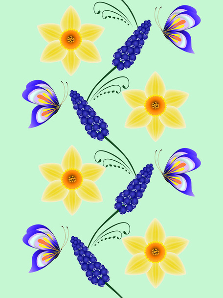 Κάθετη χωρίς ραφή πρότυπο με ζουμπούλια μουσκαρινικούς μπλε σταφύλια και daffodils με πεταλούδες. - Διάνυσμα, εικόνα