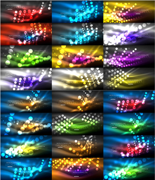 Neon glowing light abstract backgrounds collection, mega set of energy magic concept backgrounds - Vektör, Görsel