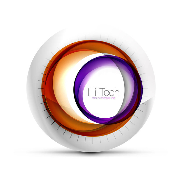Digitális techno gömb web banner, gomb vagy ikon-val szöveg. Fényes örvény színes absztrakt kör design, hi-tech futurisztikus szimbólum színes gyűrűkkel és szürke fém-elem - Vektor, kép