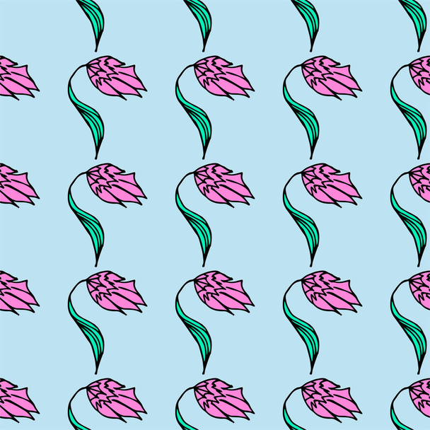 Kleurenpatroon van roze bloemen op een blauwe achtergrond, vectorillustratie. Moderne en originele textiel, inpakpapier, kunst wanddecoratie - Vector, afbeelding
