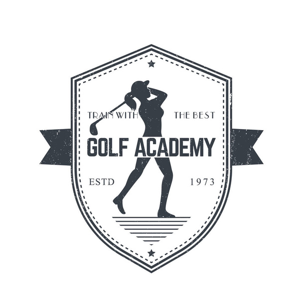 De vintage embleem Golf Academy met vrouwelijke golfer swingende golf club, op wit grijs - Vector, afbeelding
