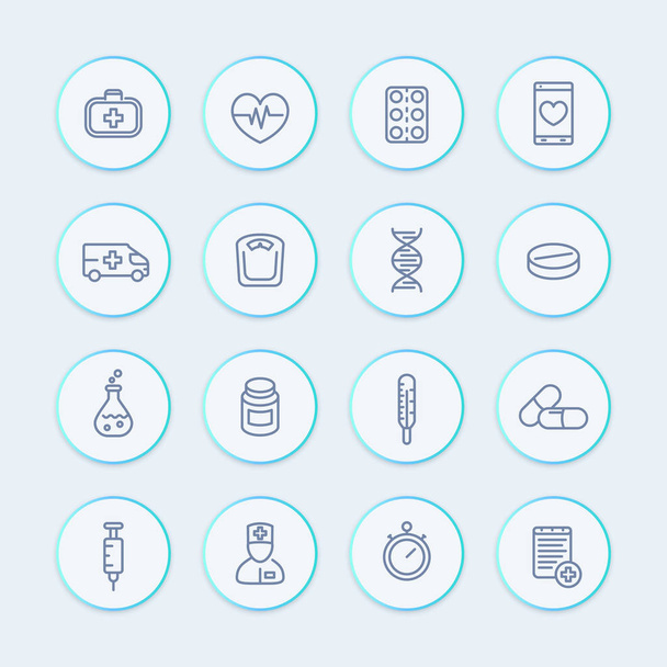 icônes de ligne de médecine ensemble, soins de santé, pharmacie, médicaments, coffre à médicaments, ambulance, thérapie, thermomètre
 - Vecteur, image