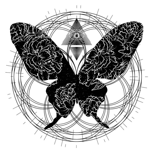 Tatuaje de mariposa. Espiritualidad y geometría sagrada. Místico y esotérico para el diseño de camisetas. Ilustración vectorial EPS10
. - Vector, Imagen