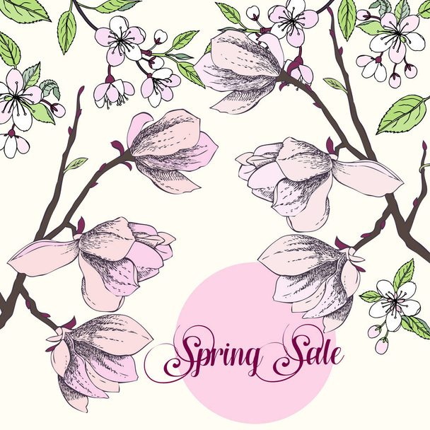 Background with magnolia and cherry blossom tree - Vettoriali, immagini