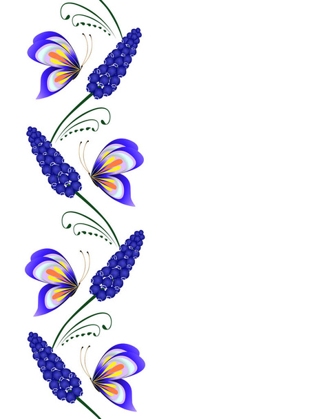 Patrón vertical sin costuras con jacintos de uvas azules muscarínicas y mariposas
. - Vector, Imagen