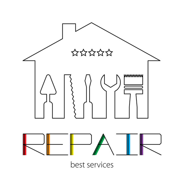 Silhouette eines Hauses mit Werkzeugen zur Reparatur. Logo des Reparaturhauses mit buntem Schriftzug auf weißem Hintergrund. - Vektor, Bild