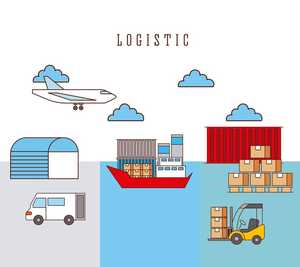 logisztikai szállítási teherautó targonca repülő dobozok és raktár konténer - Vektor, kép