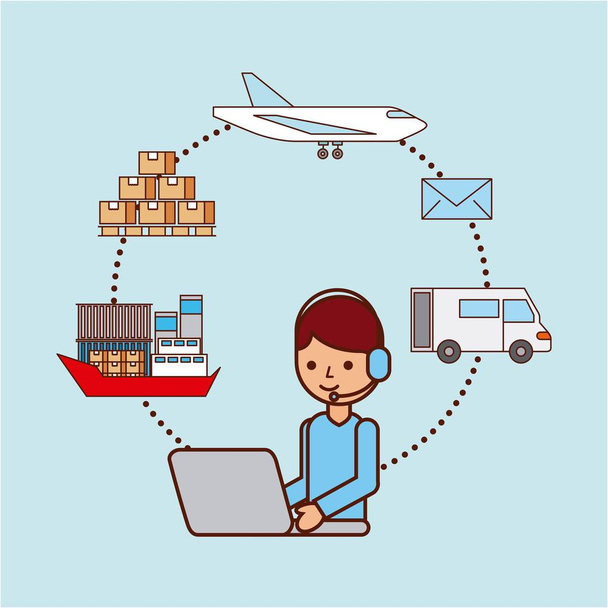 pracovník s laptop logistické doručení přepravní loď letadlo truck box e-mailu - Vektor, obrázek