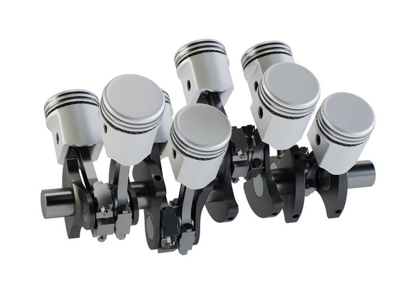 Pistons and crankshaft on a white background. The V8 engine. 3D rendering. - Photo, Image