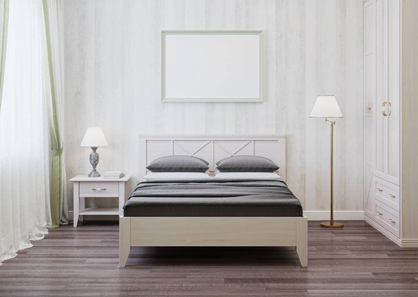 Het ontwerp van een slaapkamer in de stijl van de Provence. 3D-rendering. - Foto, afbeelding