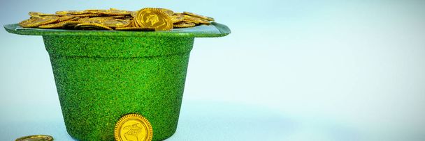 St Patricks Day leprechaun hat filled with chocolate gold coins on white background - Foto, immagini