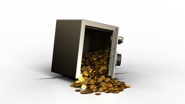 3d animation of steel safe with coins fall, over white background - Felvétel, videó