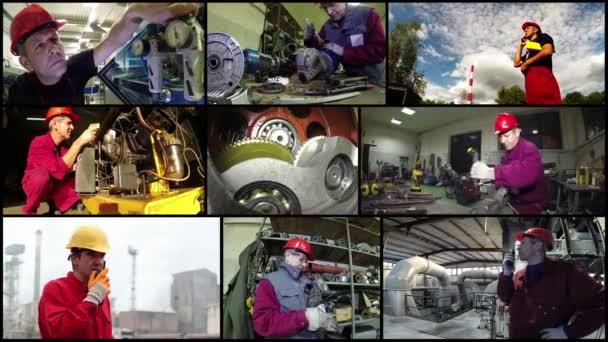  Az ipari munkásság / ipari dolgozók személyi védőfelszereléssel során különböző helyzetekben működik, osztott képernyős 4k - Felvétel, videó