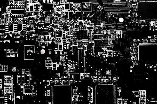 abstrakte, Nahaufnahme des elektronischen Computerhintergrunds des Mainboards. (Logikboard, CPU-Motherboard, Hauptplatine, Systemplatine, Mobo) - Foto, Bild