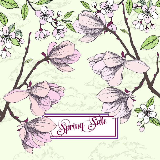 Background with magnolia and cherry blossom tree - Vektor, obrázek