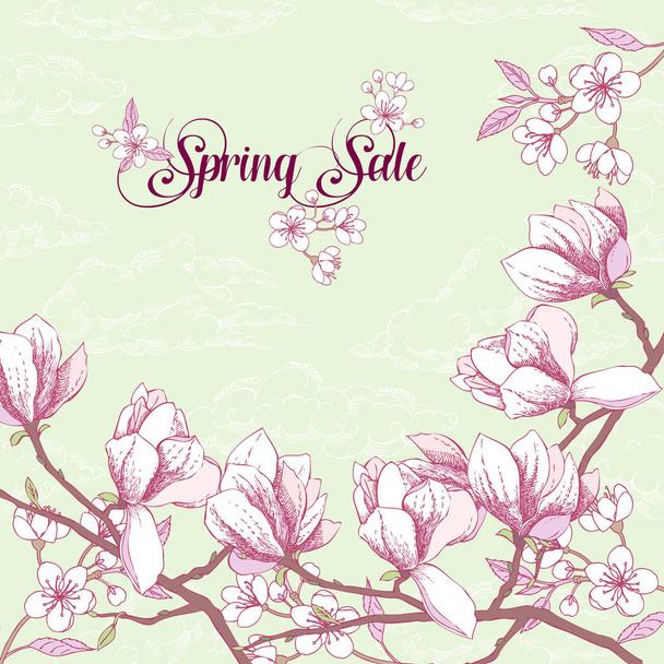 Background with magnolia and cherry blossom tree - Wektor, obraz