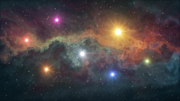 sieben regenbogenfarbenen Sternen flackernden Glanz in weichen beweglichen Nebel Nachthimmel Animation Hintergrund neue Qualität Natur szenisch kühl bunt schön Licht Videomaterial - Filmmaterial, Video