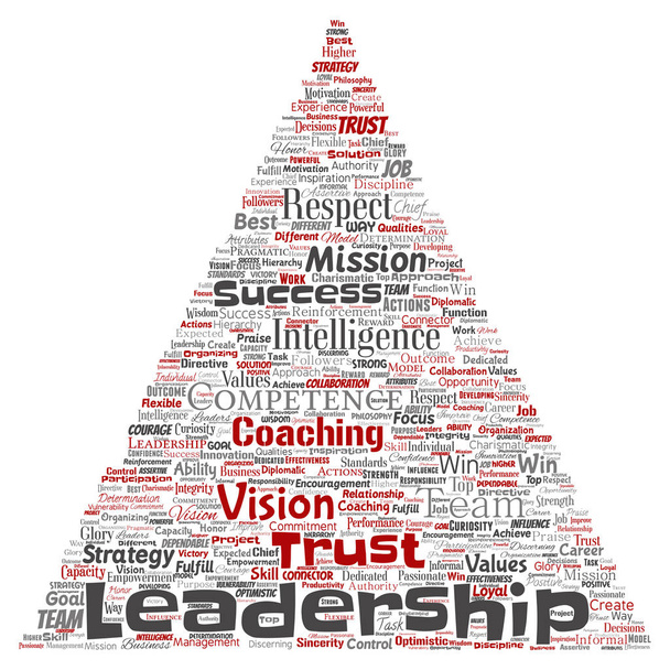 Bedrijfsstrategie leiderschap, management, waarde, driehoek, pijl, word cloud geïsoleerd op witte achtergrond - Vector, afbeelding