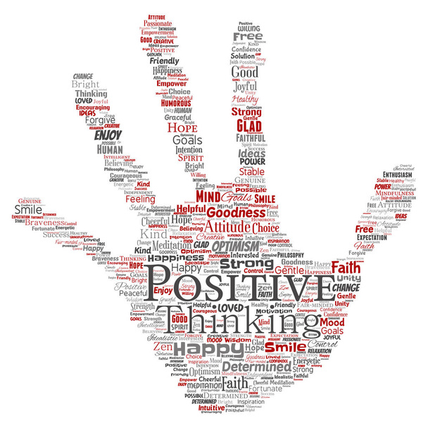 Pensamento positivo, feliz, forte, atitude, mão impressão carimbo nuvem palavra isolada no fundo branco
 - Vetor, Imagem