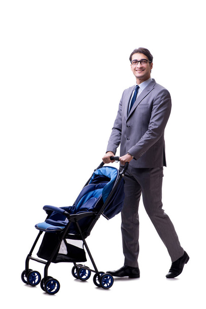 Jovem pai empresário com carrinho de bebê isolado em branco  - Foto, Imagem