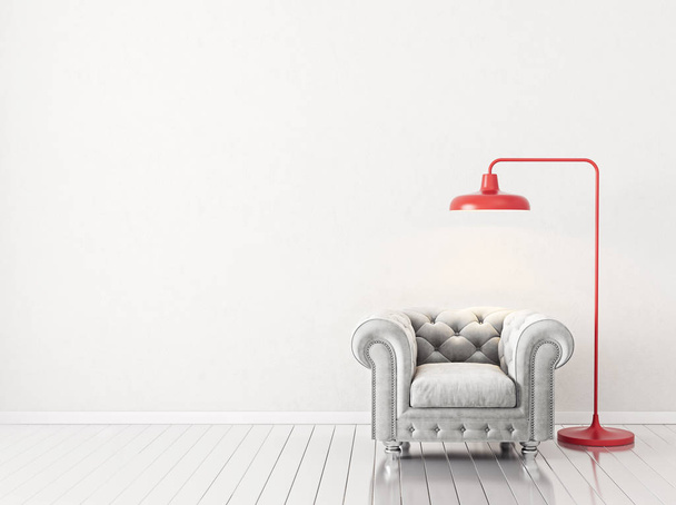 modernes Wohnzimmer mit grauem Sessel und Lampe. Möbel für skandinavische Innenarchitektur. - Foto, Bild