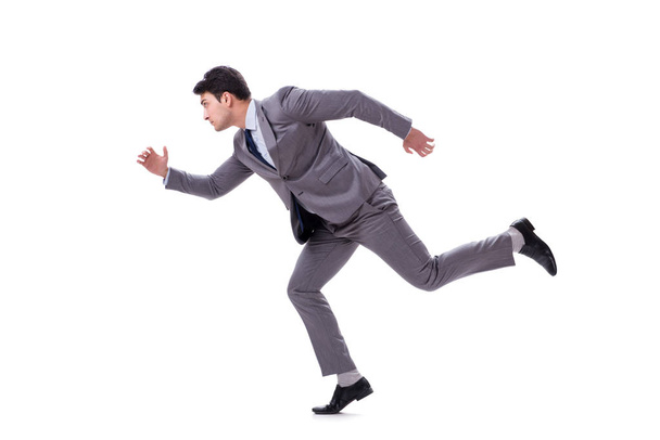 Joven hombre de negocios corriendo hacia adelante aislado en blanco
 - Foto, Imagen