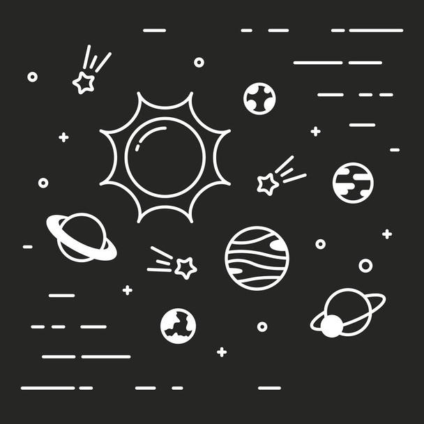 Lineární vesmír s planetami lineární jednoduchý minimalistický styl černé pozadí - Vektor, obrázek