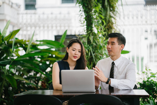 Portrait of two smiling business people (lawyers, consultants, etc) or couple smiling mid discussion over a laptop in an office with greenery in the background. They are focused on the laptop. - Photo, image