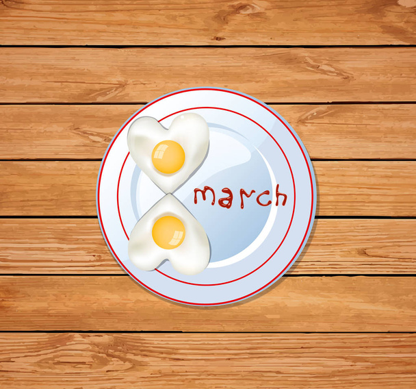 8-образный омлет на тарелке с кетчупом, изолированный на деревянном столе
 - Вектор,изображение