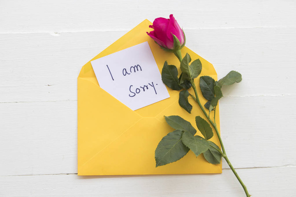 je suis désolé carte de message dans une enveloppe avec rose rose sur fond blanc
 - Photo, image