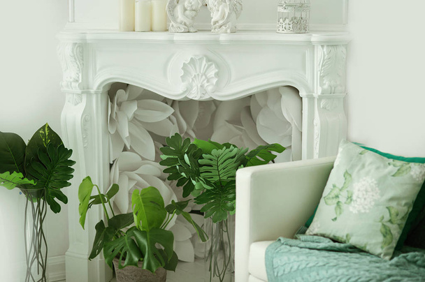 Σαλόνι καθιστικό. Εμφάνιση εμφάνιση σπίτι διακόσμηση διακόσμηση επίπλωση. Εσωτερικό τζάκι τροπικό μαξιλάρια καρέκλα - Φωτογραφία, εικόνα