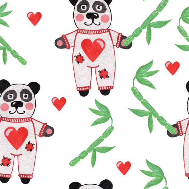 Carino piccolo panda con bambù e cuore modello senza soluzione di continuità
 - Foto, immagini