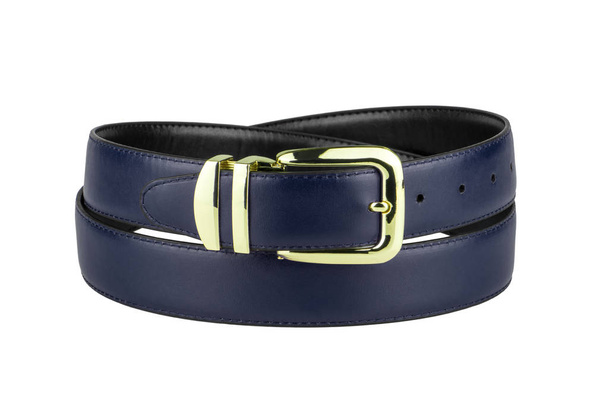 fastened fashionable men's navy blue leather belt with golden buckle isolated on white background - Photo, Image