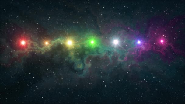 zeven regenboog gekleurde sterren flikkeren glans in zachte bewegende nevel nacht hemel animatie achtergrond nieuwe kwaliteit natuur schilderachtige cool kleurrijke mooi licht videobeelden - Video