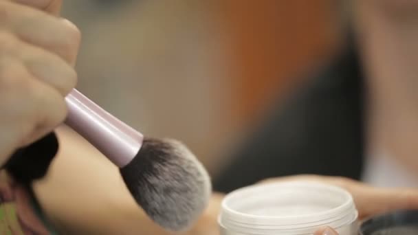 Professional make-up artist puts blush on clients face using brush, beauty salon - Materiał filmowy, wideo