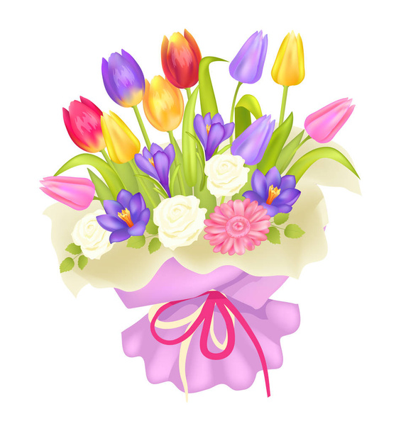 Bouquet of Flowers in Decor Wrapping Tulips Crocus - Vector, Image