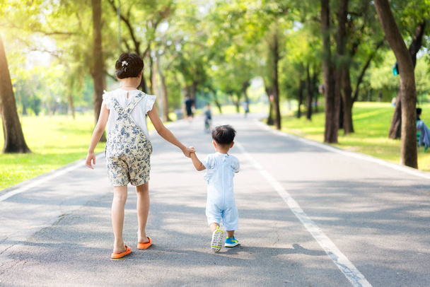 Азіатський сестра тримати руки з маленькими дітьми, йдучи по дорозі  - Фото, зображення