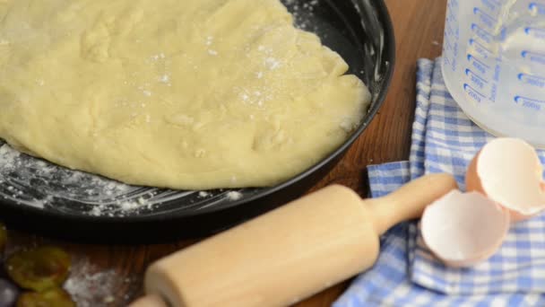 τηγανίτα κέικ σε ένα καρβέλι τηγάνι με πτώση αλεύρι έτοιμο για ψήσιμο κέικ τηγανίτα δαμάσκηνο - Πλάνα, βίντεο
