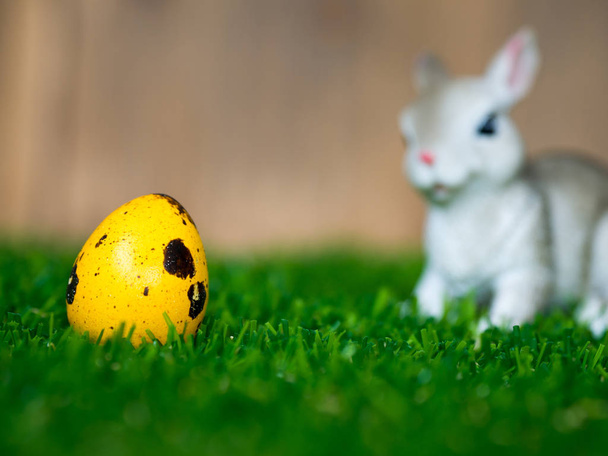 The Colorful easter eggs are in the basket. Placed on green grass. Have a cute rabbit in the back. The back is a brown wood frame. The concept of easter - Foto, afbeelding