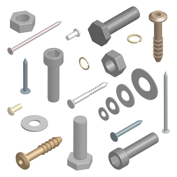 Set of fasteners in 3D, vector illustration. - Vector, Image