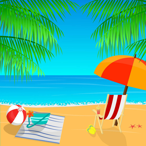 Вид на пляж с зонтиком, пальмовыми листьями и векторными тапочками. Тропический фон
. - Вектор,изображение