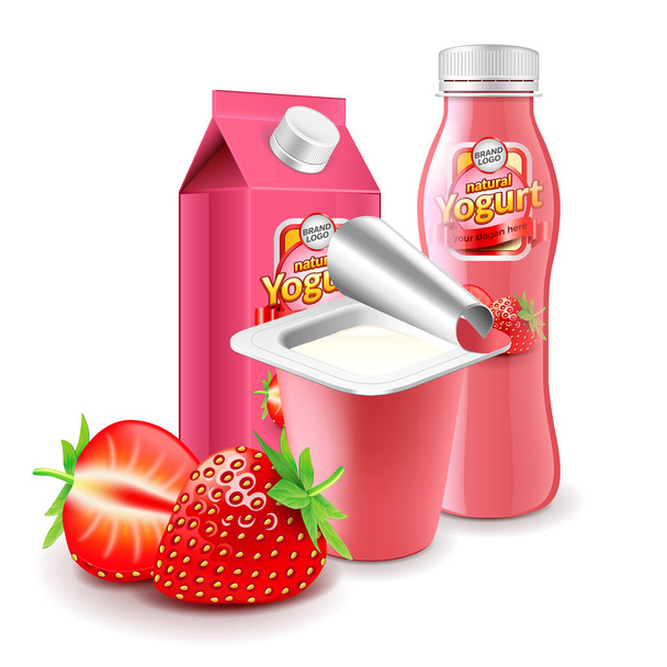 Strawberry yogurt packagings 3d photo realistic vector - Vector, Image