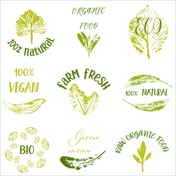 バイオ、エコロジー、オーガニックのロゴとアイコン、ラベル、タグ。手描きバイオ健康食品バッジ、生、菜食主義者、有機健康食品標識、要素セットのセット - ベクター画像