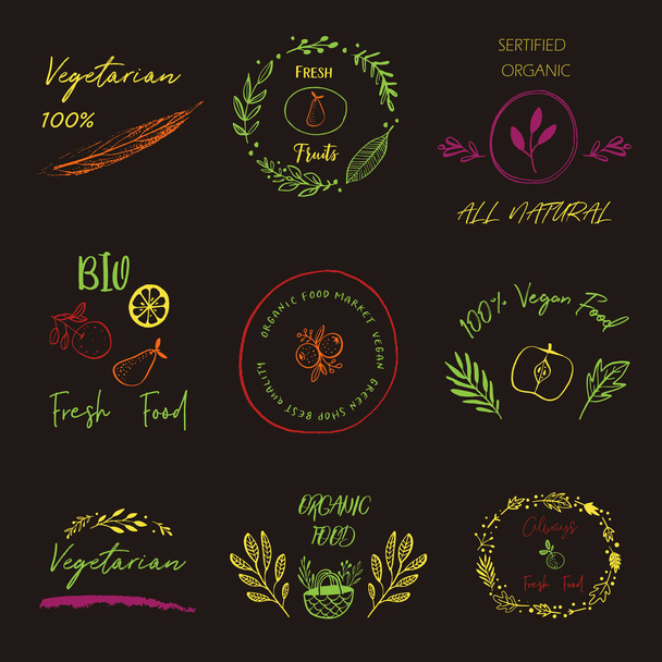 Bio, ekologia, ekologiczne logo i ikony, etykiety, znaczniki. Ręcznie rysowane bio zdrowej żywności odznaki, zbiór surowca, wegańskie, objawy zdrowej żywności, organicznych i elementy zestawu - Wektor, obraz