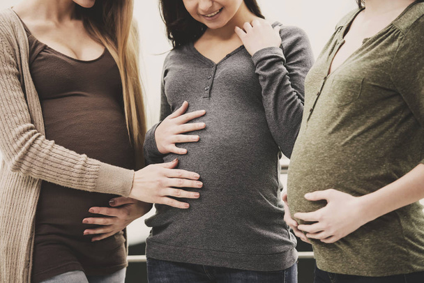 Baby shower. Two cheerful women are touching their pregnant friend belly - Photo, Image