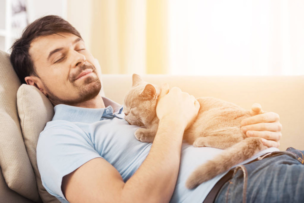 Smiling young man with his cute cat on the couch at home - Zdjęcie, obraz